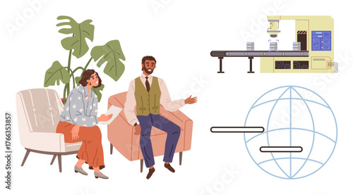 Two seated individuals conversing near a factory conveyor and a global network icon. Ideal for technology, innovation, collaboration, industry, global connectivity, business, and teamwork. Simple