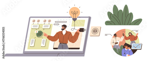 Virtual presentation screen with speaker, brainstorming ideas, and connection icons. Ideal for online learning, teamwork, creativity, innovation, sustainability, communication education a simple