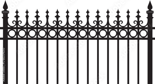 Black ornate wrought iron fence with pointed finials and circular accents metal
