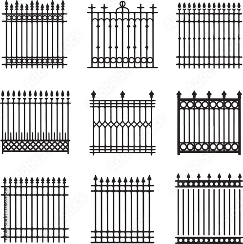 Black wrought iron fence designs ornate metal railings decorative garden barriers vector