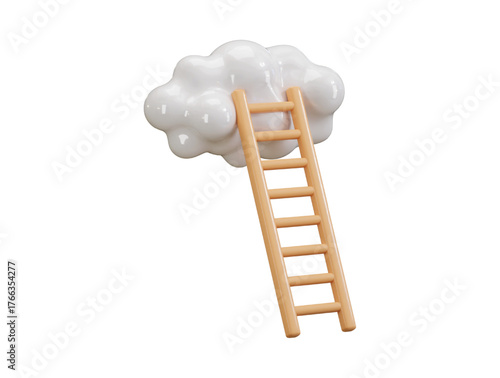 Ladder of success icon 3d render concept of wooden ladder leading to white cloud icon for Success and progress icon vector illustration