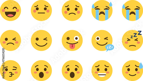 Collection of fifteen yellow oval emoji faces expressing a variety of emotions isolated on transparent background