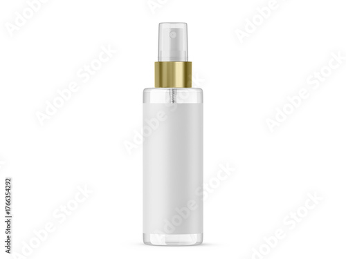Cosmetic spray bottle mockup template with paper label isolated on white background, 3d illustration