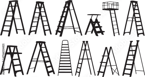 Diverse collection of black ladders and scaffolding silhouettes step ladder platform
