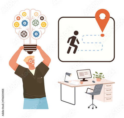 Person holding a lightbulb with gears, navigation map with a marker, office desk with computer and plant. Ideal for creativity, innovation, productivity, planning, brainstorming, workspace setup