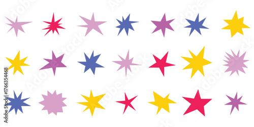 Sharp stars shapes set. Bright irregular sparks, colorful twinkles. Abstract edgy sparkle and stars elements pack. Asymmetry forms