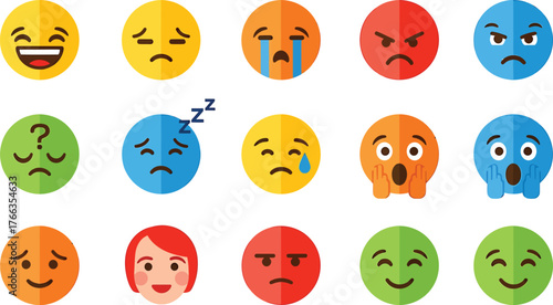 Collection of diverse cartoon emoji faces expressing various emotions and feelings isolated on transparent background