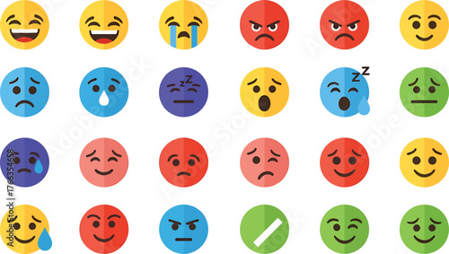 Collection of colorful oval shaped emoji faces expressing various emotions isolated on transparent background