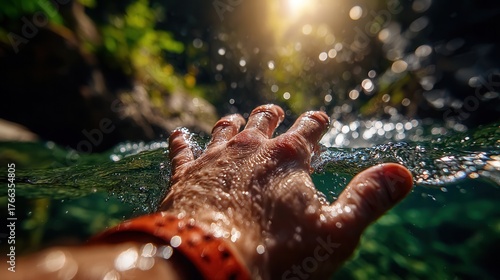 Stunning close up of a hand reaching through clear, sunlit water with vibrant green foliage in the background