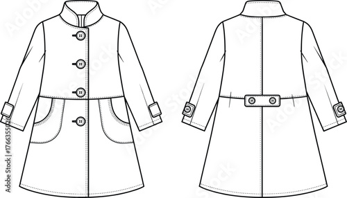Children’s coat illustration, fashion technical drawing, front and back view, garment construction sketch, kidswear apparel design, clothing pattern, sewing diagram, outerwear style