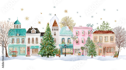 Colorful winter village scene with charming houses, decorated Christmas trees, and a snowy background featuring festive elements