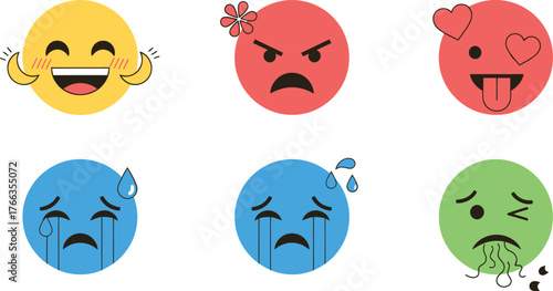 Six colorful oval cartoon faces expressing different emotions like joy anger sadness and sickness isolated on transparent background