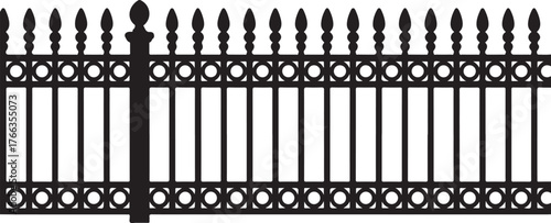 Ornate black metal fence with pointed finials and circular decorative elements white
