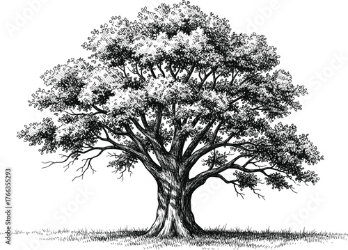 Detailed black and white illustration of a large spreading tree with textured trunk, dense leafy branches, and natural ground grass