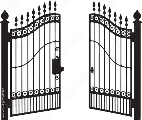 Ornate black wrought iron gates open wide decorative