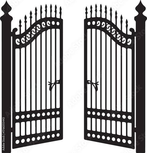 Ornate black wrought iron gates open wide decorative