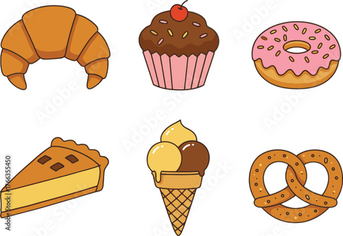 Collection of six delicious pastry and dessert icons including a croissant, cupcake, donut, pie, ice cream, and pretzel