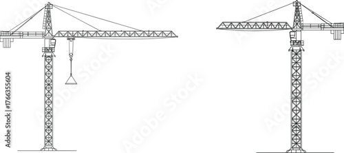 ower Crane Vector Illustration, Construction Site Blueprint Drawing, Heavy Lifting Machinery, Industrial Engineering Equipment, Urban Development Silhouette