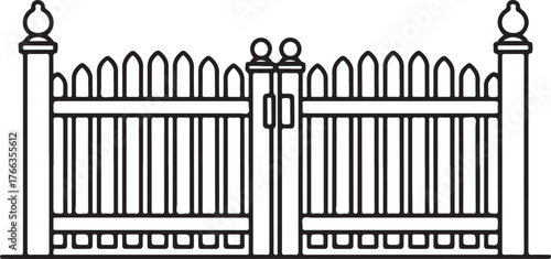 Ornate wrought iron gate with decorative finials and posts fence