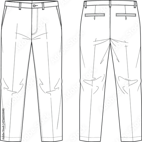 Technical fashion illustration, tailored trousers design, front and back view, garment construction, menswear apparel sketch, clothing pattern, sewing diagram, detailed pants drawing