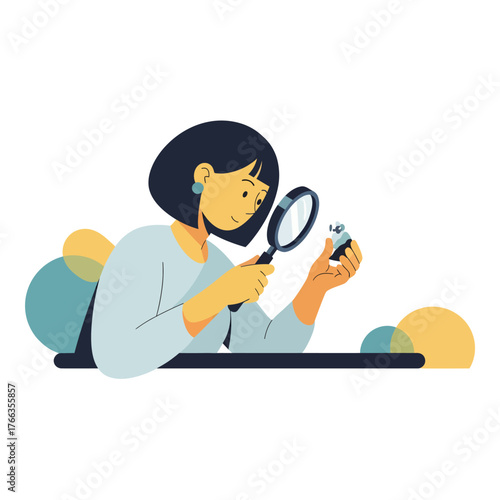 Woman Examining Tiny Object Under Magnifying Glass, Symbolizing Discovery and Investigation