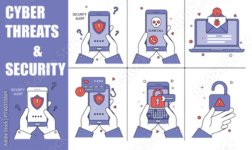 Cyber Crime Attack Set. Characters Losing Personal Data Access, Answering Scam Calls, Receiving Fraud Email with Virus. Phishing and Data Breach Concept. Vector Illustration.
