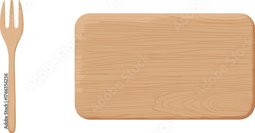 Wooden Fork and Rectangular Cutting Board Vector Illustration, Natural Kitchenware Utensils, Minimalist Cooking Preparation Surface Design