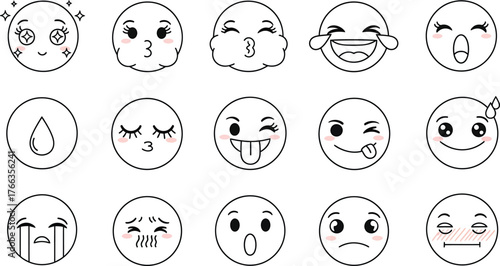 Collection of hand drawn cartoon emoji faces with various expressions isolated on transparent background
