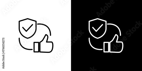 Simple line icon representing trusted choice and guaranteed quality with a security shield and thumbs up symbol