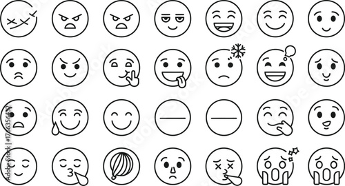 Collection of hand drawn oval faces expressing a wide range of emotions isolated on transparent background