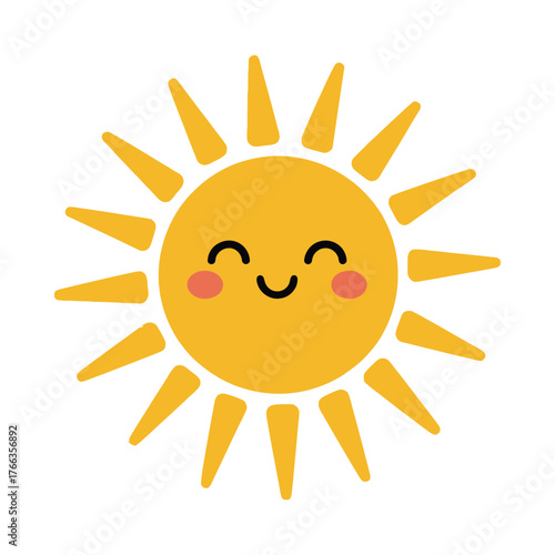 Cute cartoon sun with a happy face and rosy cheeks shining brightly