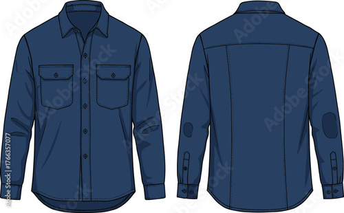 Dark blue long sleeve button up shirt with elbow patches, front and back view, technical fashion flat sketch, garment construction illustration