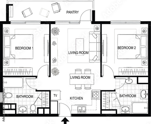 Architectural blueprint of a two bedroom apartment floor plan with living room kitchen and bathrooms