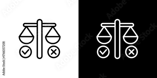 Conceptual balance scale icon symbolizing critical decision-making, evaluation of choices, and the weighing of options between right and wrong outcomes for fairness and judgment