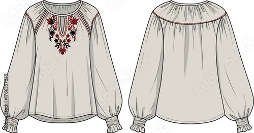 Blouse, top, women, embroidered, floral, motif, smocked, cuff, ruffle, sleeve, round, neckline, keyhole, yoke, apparel, clothing, garment, fashion, sketch, template