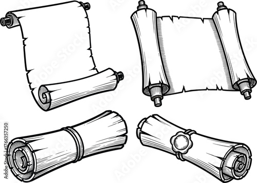 Collection of four hand drawn parchment scrolls and rolled documents in various open and closed positions