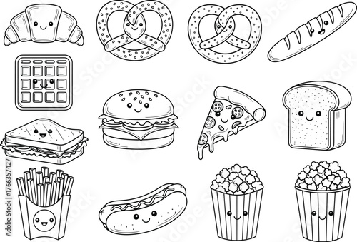 Collection of cute cartoon food illustrations including burgers pizza hot dogs fries pretzels and popcorn with happy faces
