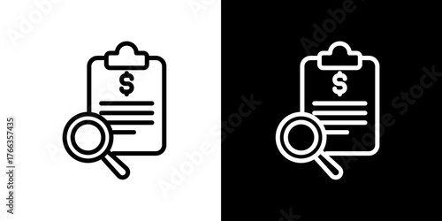 Linear symbol icon for financial auditing, expense report analysis, and budget inspection with a clipboard and magnifying glass for business