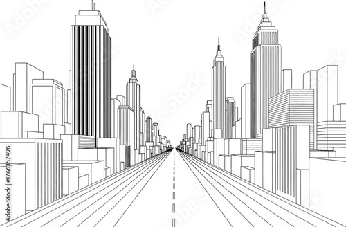 Black and white line drawing sketch of a futuristic city street with tall skyscrapers and a vanishing point perspective