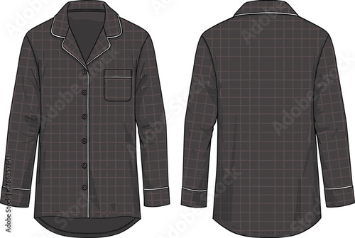 Shirt, button, long-sleeve, collar, piping, pocket, sleepwear, loungewear, nightwear, apparel, clothing, garment, fashion, technical, flat, sketch, vector, illustration, design, template