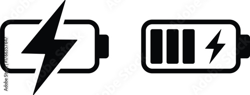 Black battery icons with lightning bolt symbol and charge level charging power