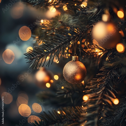 Macro Christmas Decor: Copper Glitter Bauble, Pine Branch, Golden Fairy Lights Bokeh, Dark Moody