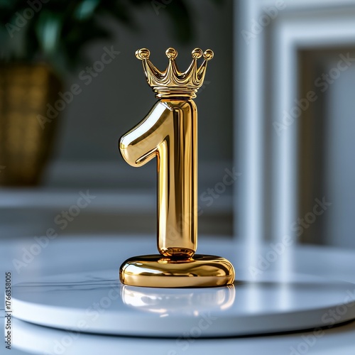 Stunning golden number one trophy with regal crown symbolizes achievement, success, and top ranking in business or competitions.