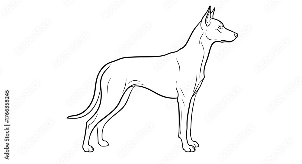 Fototapeta premium Elegant Doberman Pinscher line art illustration minimalist vector drawing of a standing dog isolated on white background
