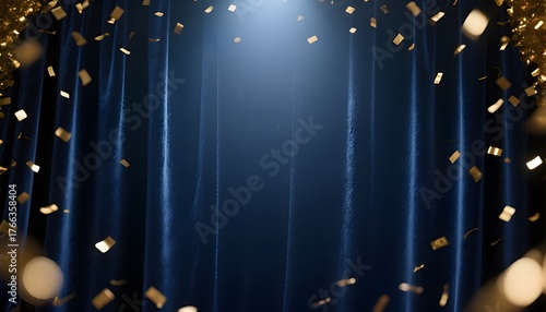 Glittering Confetti Falling in Front of Blue Velvet Stage Curtains Under Bright Light