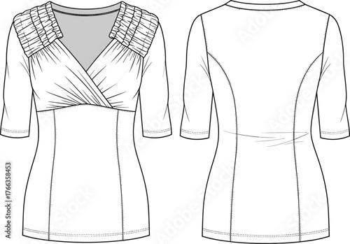 Top, blouse, wrap, V-neck, women, apparel, clothing, garment, fashion, elegant, fitted, ruched, sleeve, technical, flat, sketch, vector, illustration, design, template