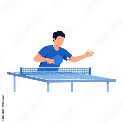 Man playing table tennis at a blue ping pong table with a paddle and ball, dynamic action pose