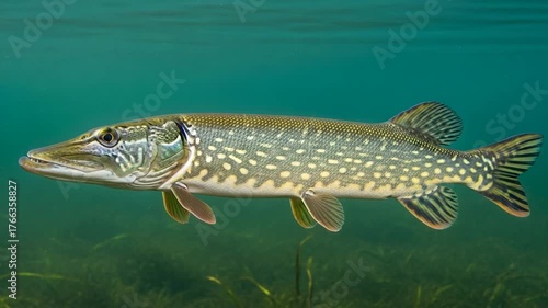 Northern Pike Fish Swimming Gracefully in Clear Lake Water.