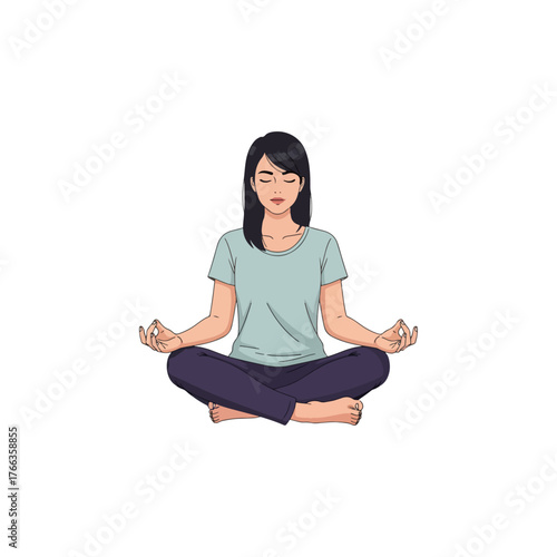 Young woman meditating in lotus pose, eyes closed, peaceful expression, seated on the floor, yoga, mindfulness, calm