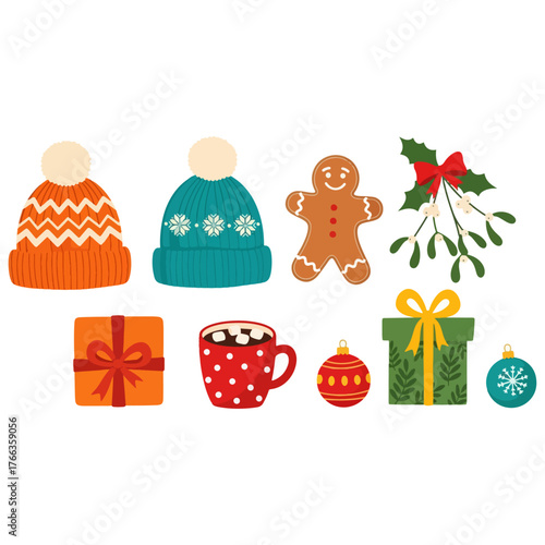 Christmas Winter Holiday Elements Collection Including Festive Hats, Gifts, Hot Drink, Gingerbread Man, and Ornaments